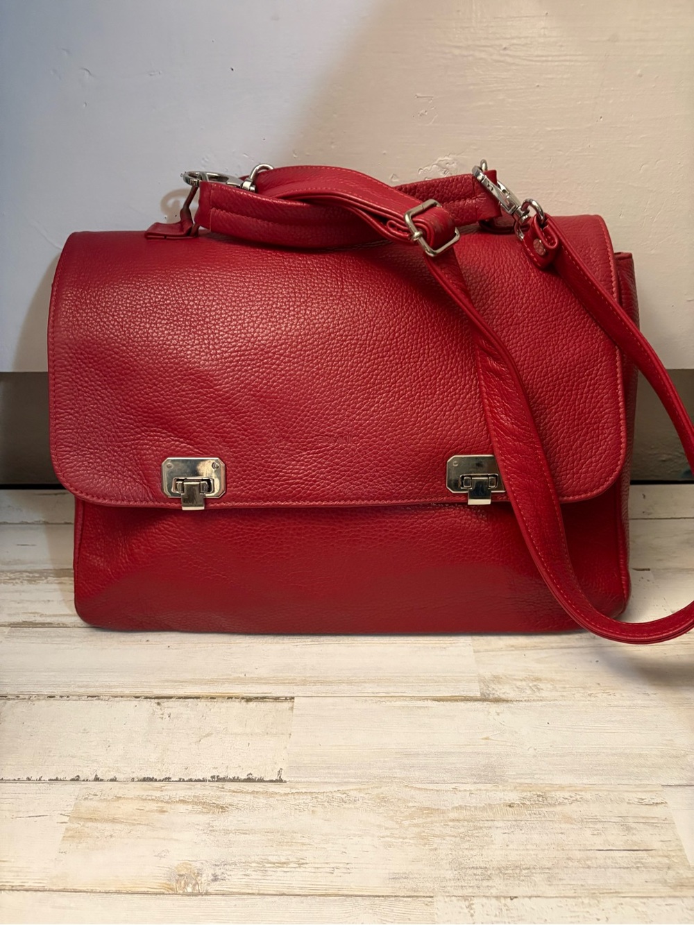 FIRMINIO Made In Italy Vintage Red Pebbled Leather Satchel Briefcase Bag